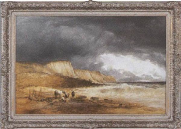 Seascape With Waves In Headland And Figures Gathering Kindling For Camp On Shore Oil Painting by William Collins