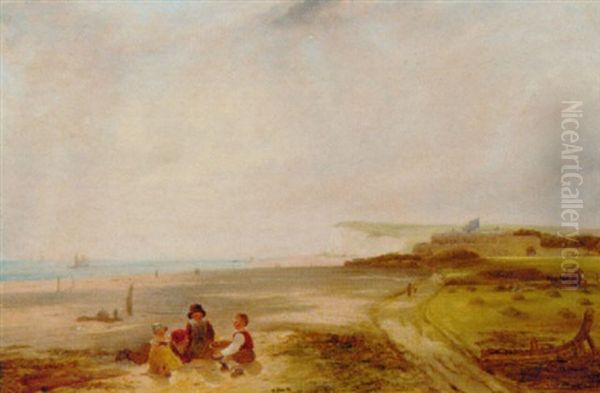 Children On A Beach With An Extensive Coastal Landscape Beyond Oil Painting by William Collins