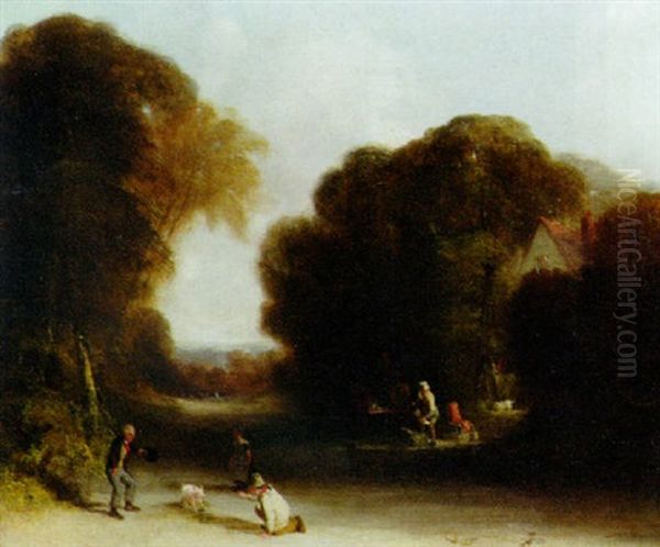 A Wooded Landscape With Men Circling A Pig Oil Painting by William Collins