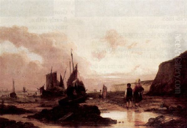 Fisherfolk On The Beach Oil Painting by William Collins