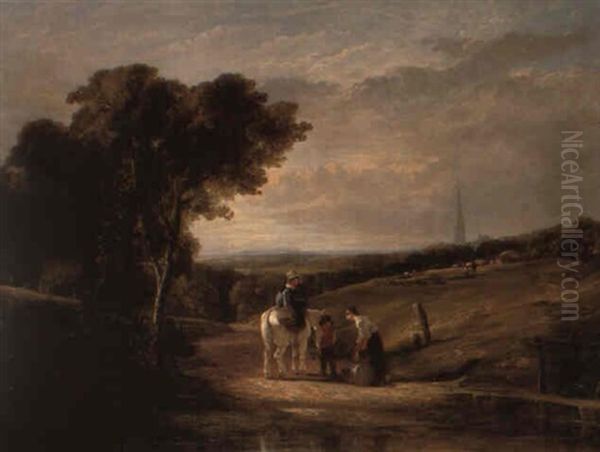 A Scene Near Chichester: Children Collecting Water From A Stream Oil Painting by William Collins