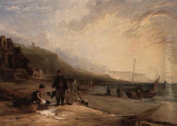 Unloading The Catch At Low Tide Oil Painting by William Collins