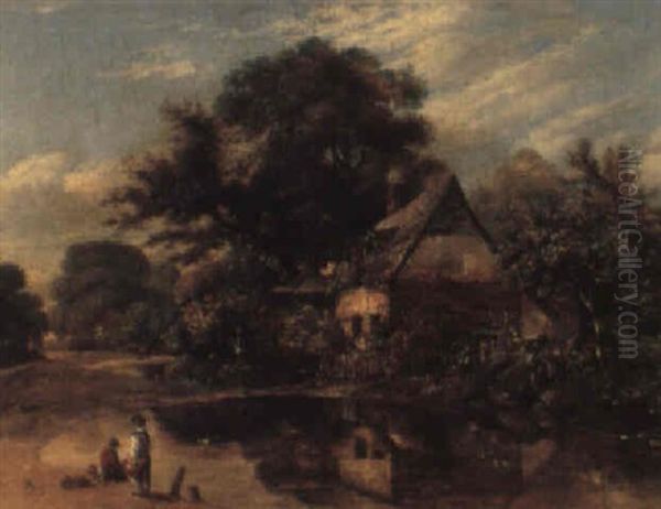 Children By A Duck Pond Oil Painting by William Collins