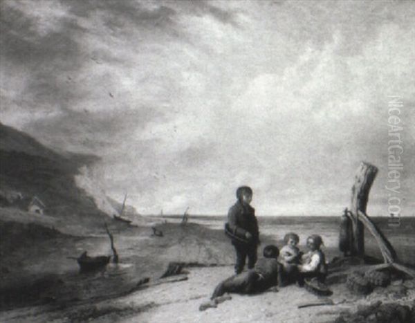 Children On The Isle Of Wright Shore Oil Painting by William Collins