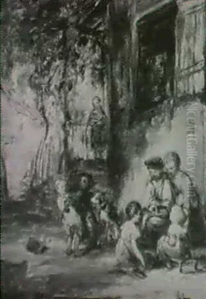 Children Playing By A Cottage Oil Painting by William Collins