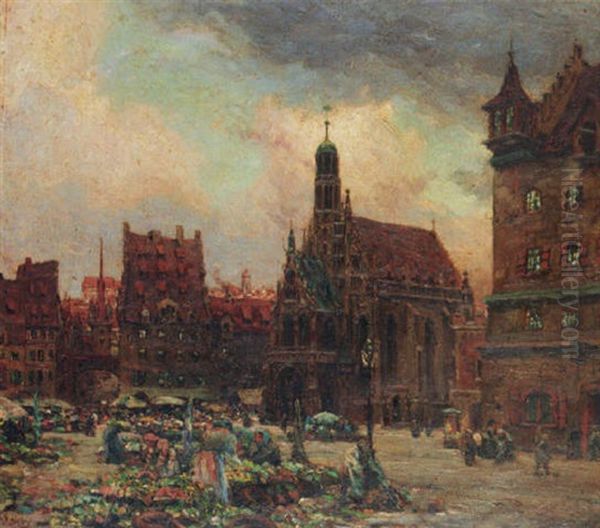 The Market Place And Frauenkirche, Nurnberg, Germany Oil Painting by William Wiehe Collins