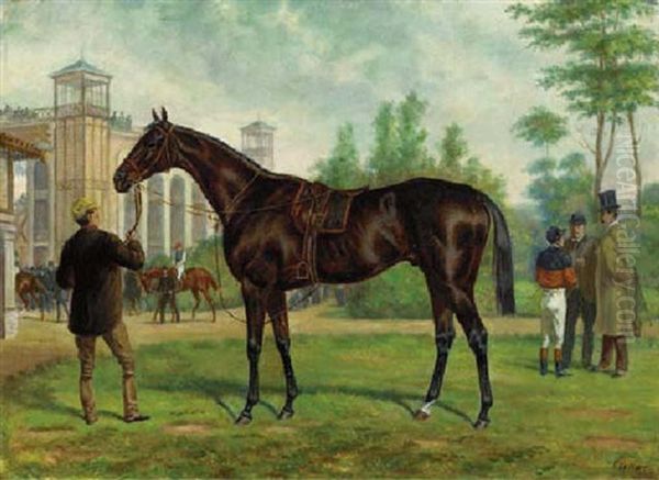 Before The Start: A Bay Racehorse Held By His Groom Oil Painting by James Collinson