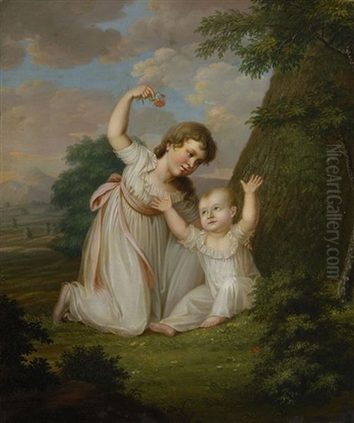 Doppelbildnis Der Schwestern Sophie Charlotte Und Emma Constanze Von Wylich-lottum In Baumlandschaft Oil Painting by J. Fr. W. Ferdinand Collmann