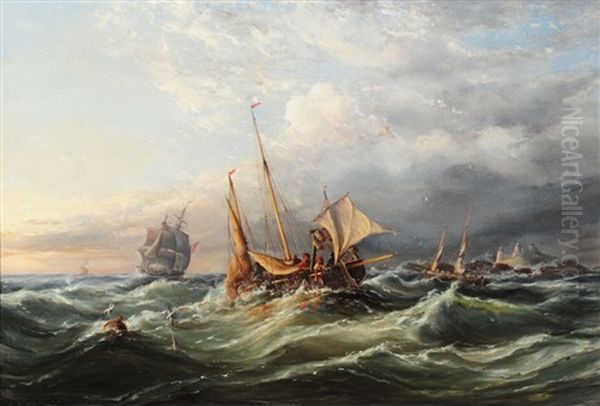 A Fishing Vessel And Further Shipping In A Swell With The Casquet Islands In The Distance Oil Painting by Ebenezer Colls