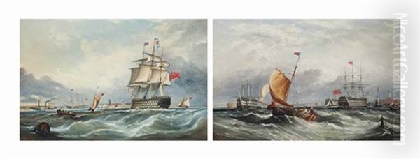 A Three-decker Calling For A Pilot At The Entrance To Portsmouth Harbour, With A Paddle Steamer And Other Shipping Beyond; And Fishermen On A Blustery Day With Prison Hulks And A Three-decker Lying At Anchor In Portsmouth Harbour (pair) Oil Painting by Ebenezer Colls