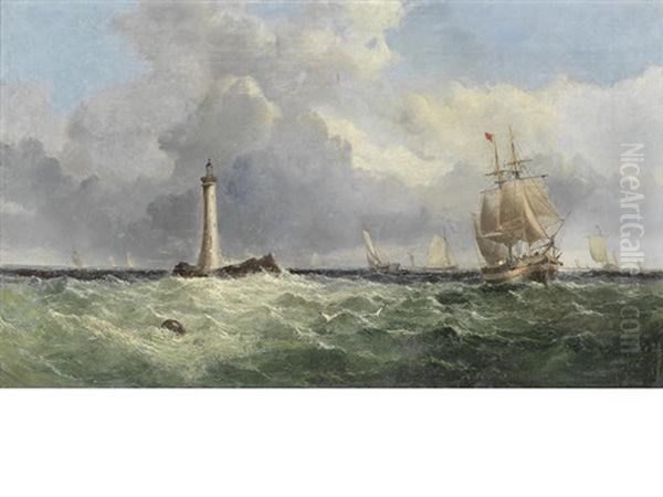 Shipping Off The Eddystone Lighthouse Oil Painting by Ebenezer Colls