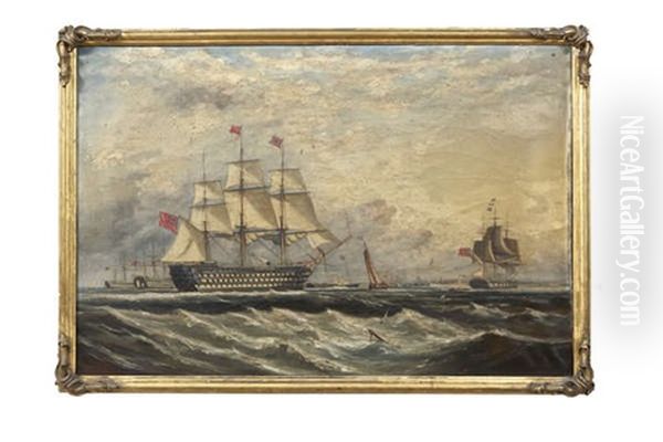 H.m.s. Marlborough And The Red Squadron Off Spithead With Portsmouth And The Royal Yacht Osborne Ii In The Background Oil Painting by Ebenezer Colls