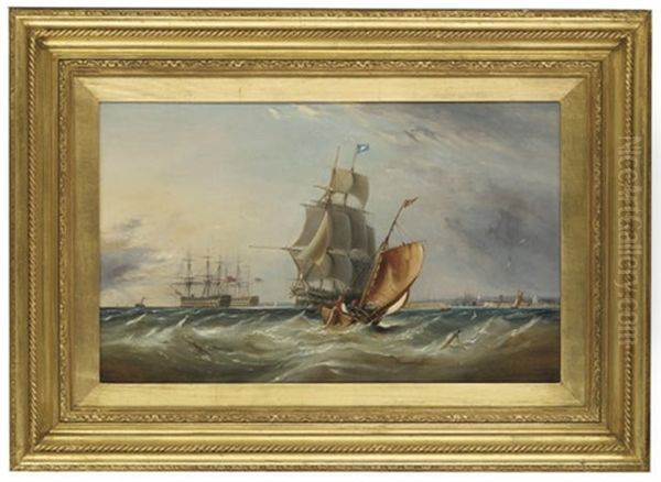 A Frigate Heading Out Of Portsmouth Harbour With Two Large First-rates Anchored In The Solent Oil Painting by Ebenezer Colls