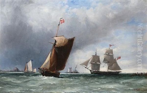 An English Merchant Brig Amidst Smaller Craft Off The Coast Oil Painting by Ebenezer Colls