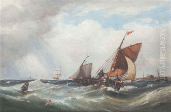 Small Traders In A Swell Off Calshot Castle Oil Painting by Ebenezer Colls