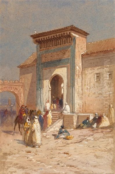 Entranceway To Sion Halomi And Evening Before Market At Tangiers (2 Works) Oil Painting by Samuel Colman