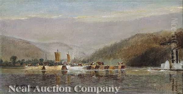 Steamboats And Barges On The Hudson River Oil Painting by Samuel Colman