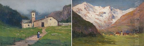 Verso Casa E Cime Innevate (2 Works) Oil Painting by Giovanni Colmo