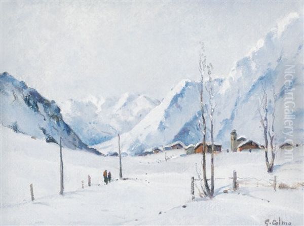 Paesaggio Innevato Con Baite E Figure by Giovanni Colmo