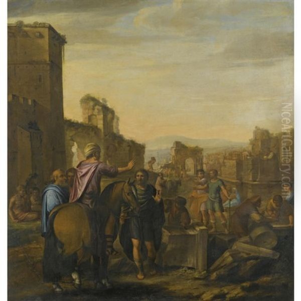 A Classical Landscape With Architechts Giving Instructions To Masons Oil Painting by Nicolas Colombel