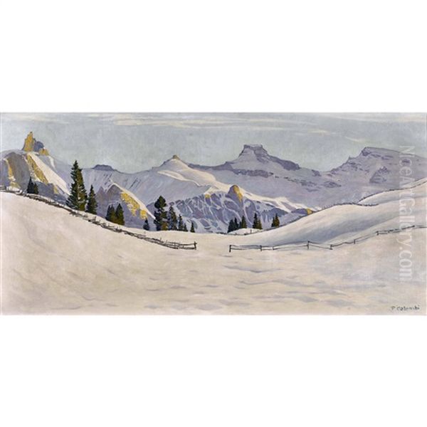 Verschneites Bergpanorama Bei Adelboden Oil Painting by Plinio Colombi