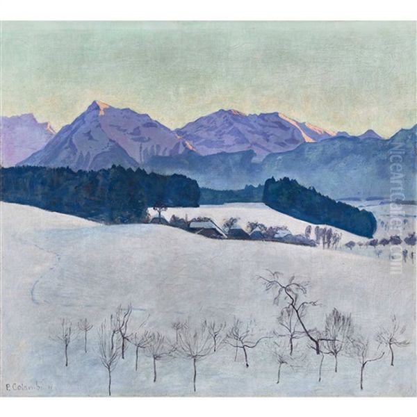 Winterlandschaft In Der Morgensonne Mit Berner Alpen by Plinio Colombi