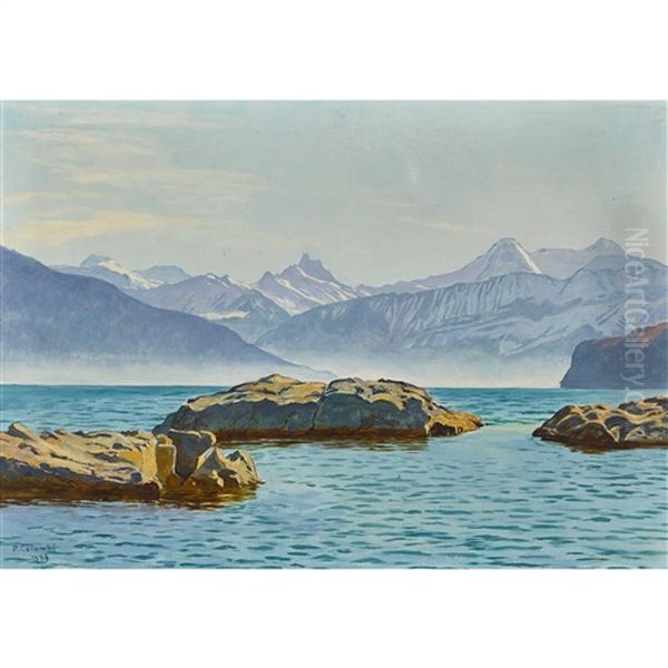 Thunersee Bei Spiez Mit Schreckhorn, Eiger Und Monch by Plinio Colombi