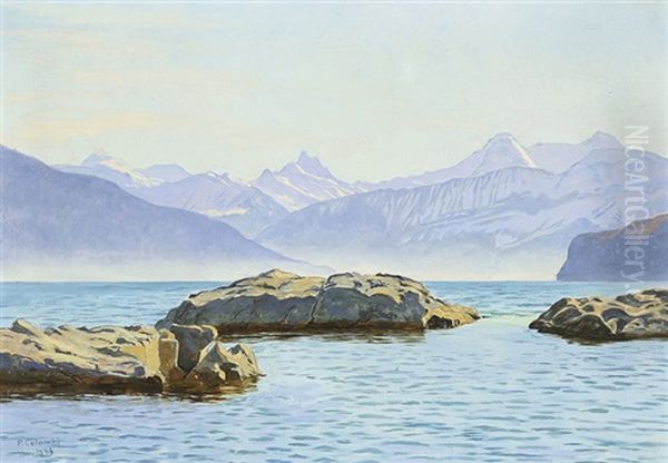 Thunersee Bei Spiez, Mit Schreckhorn, Eiger Und Monch Oil Painting by Plinio Colombi