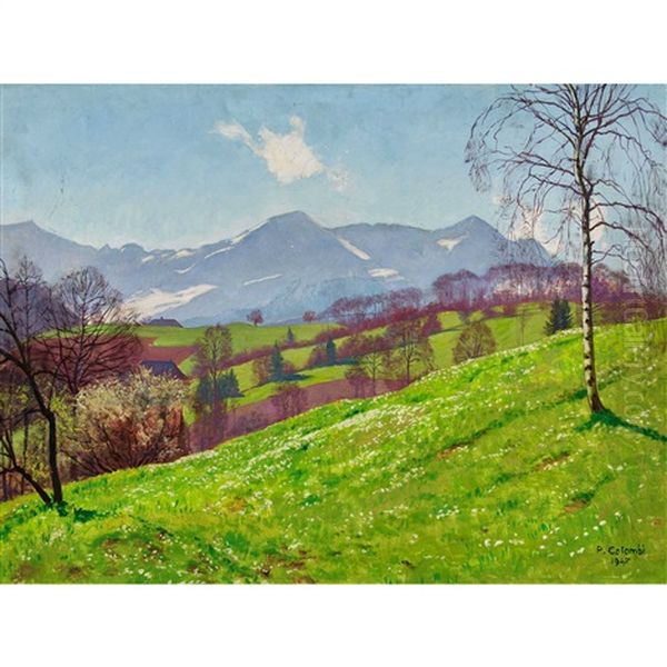 Fruhlingslandschaft Mit Blick Auf Die Berner Alpen Oil Painting by Plinio Colombi