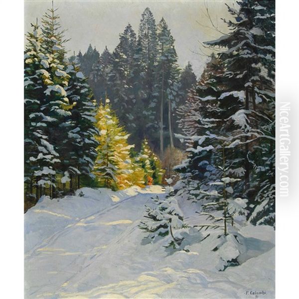 Sonniger Waldweg Im Winter Oil Painting by Plinio Colombi