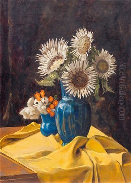 Still Life With Carline Thistles On A Yellow Fabric Oil Painting by Plinio Colombi