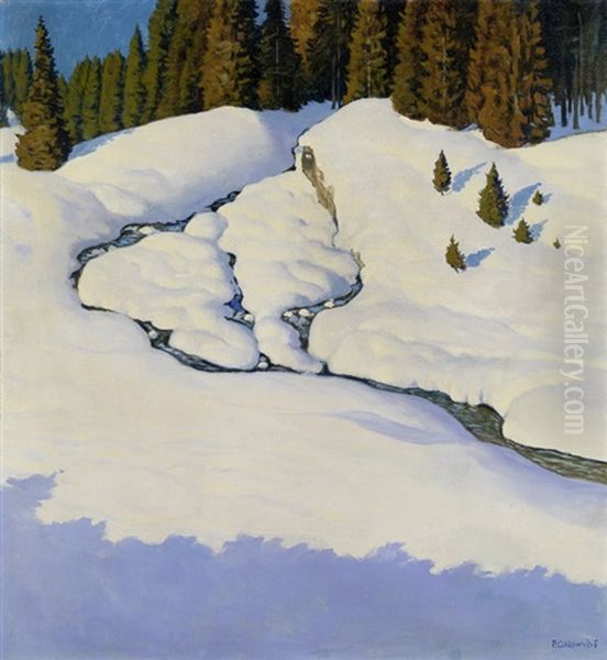 Sonnenbeschienene Winterliche Schneelandschaft Mit Tannenwald Im Hintergrund Oil Painting by Plinio Colombi