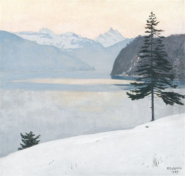 Winterliche Thunerseelandschaft Mit Dem Schreckhorn by Plinio Colombi