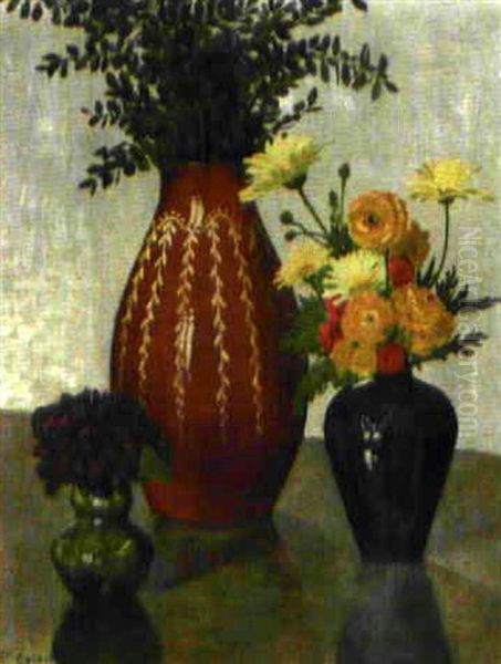 Drei Keramikvasen Mit Bouquets by Plinio Colombi