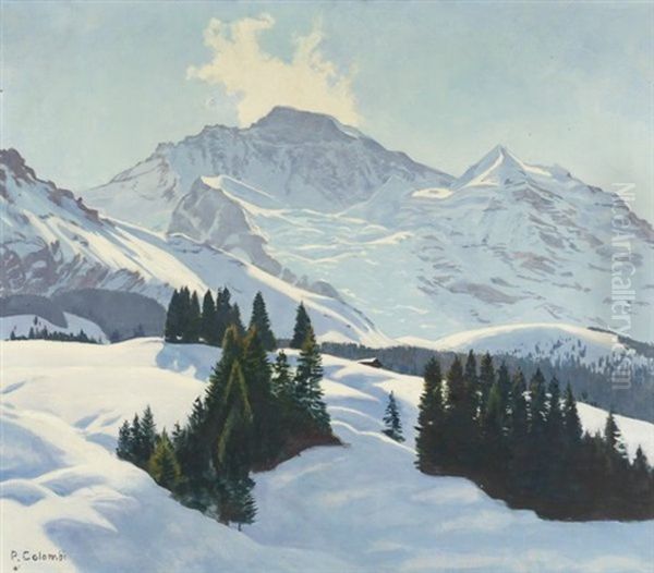 Jungfrau Von Wengen Aus - Morgenstimmung Oil Painting by Plinio Colombi