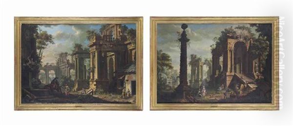 An Architectural Capriccio With A Horseman And Figures By A Fountain (+ Another With Figures Resting By A Column; 2 Works) Oil Painting by Giovanni Battista Innocenzo Colombo