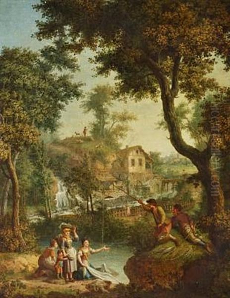 Pastoral Landscape With Waterfall And A Village In The Background Oil Painting by Giovanni Battista Innocenzo Colombo