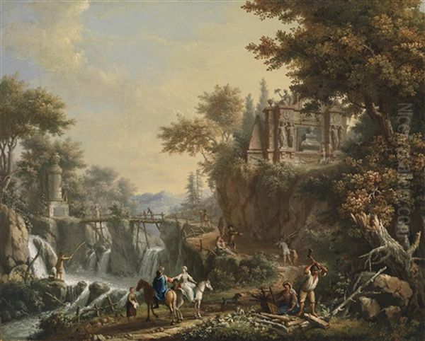 Eine Landschaft Mit Antiken Ruinen Und Einem Wasserfall Oil Painting by Giovanni Battista Innocenzo Colombo