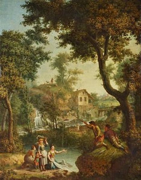 Pastoral Landscape With Waterfall And A Village In The Background Oil Painting by Giovanni Battista Innocenzo Colombo