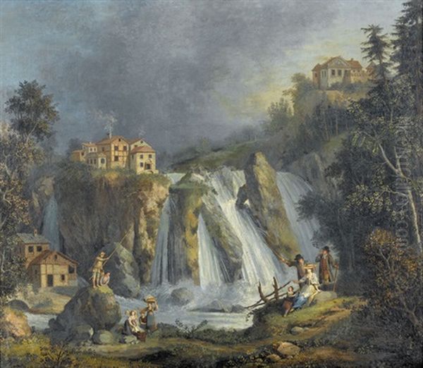 Ansicht Des Rheinfalls (+ Wanderer Bei Der Rast; Pair) Oil Painting by Giovanni Battista Innocenzo Colombo