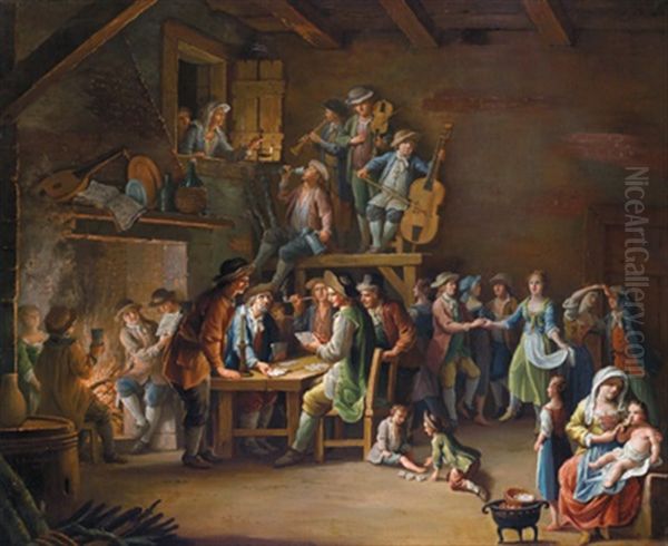 Interno Di Osteria Con Musicanti, Danzanti E Giocatori Di Carte - Musikanten, Tanzende Und Kartenspieler In Einem Wirtshaus Oil Painting by Giovanni Battista Innocenzo Colombo