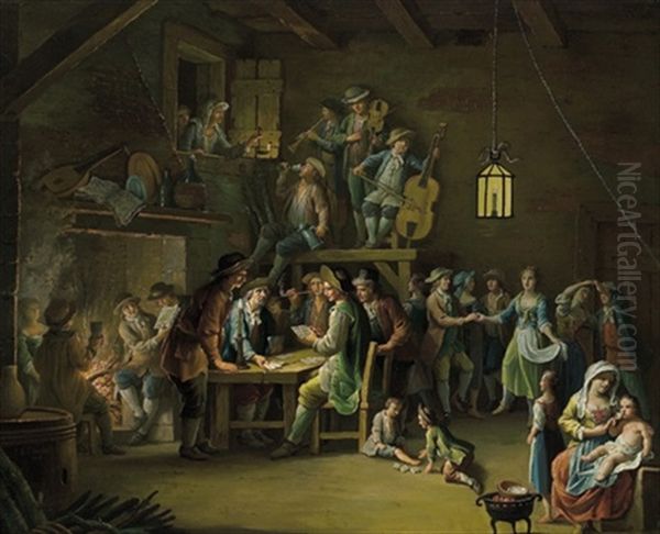 Interno Di Osteria Con Musicanti, Danzanti E Giocatori Di Carte Oil Painting by Giovanni Battista Innocenzo Colombo