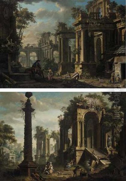 An Architectural Capriccio With Figures By A Fountain Oil Painting by Giovanni Battista Innocenzo Colombo