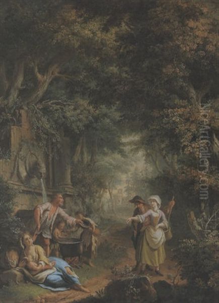 Ein Junges Liebespaar Gibt Einer Taglohnerfamilie Vor Einem Steinernen Brunnen Im Walde Ein Almosen Oil Painting by Giovanni Battista Innocenzo Colombo