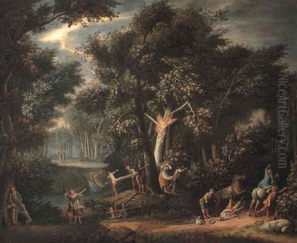 Storm In A Forest With Woodcutters And Travellers Taking Cover Oil Painting by Giovanni Battista Innocenzo Colombo