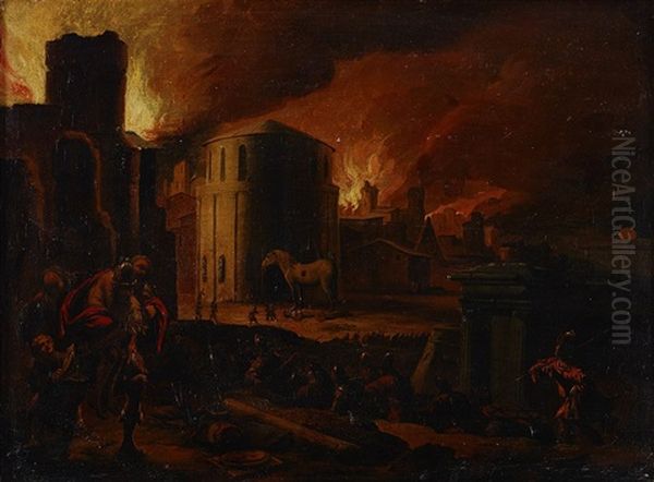 Aeneas Flees Burning Troy Oil Painting by Adam de Colonia