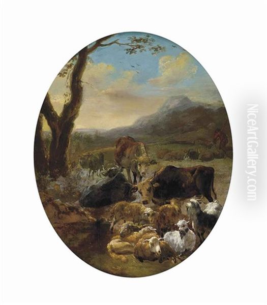 A Wooded Mountainous Landscape With Cattle And Sheep At Rest, A Drover Beyond, In A Feigned Oval Oil Painting by Adam de Colonia