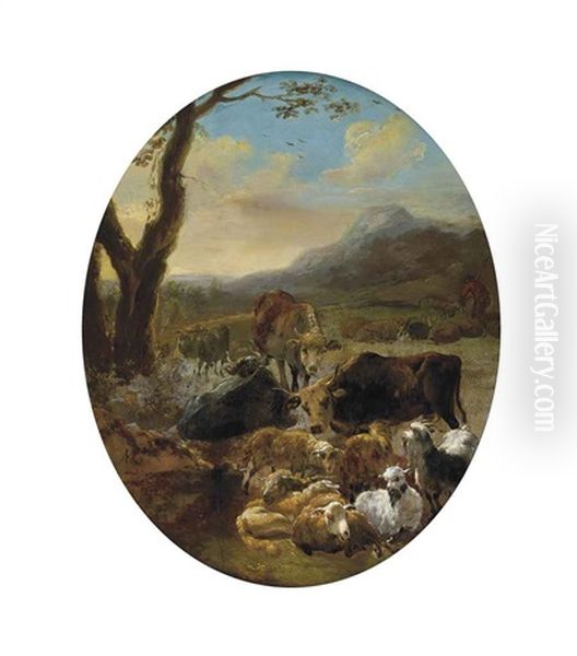 A Wooded Mountainous Landscape With Cattle And Sheep At Rest, A Drover Beyond Oil Painting by Adam de Colonia