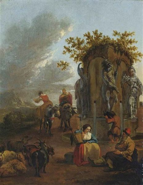 Shepherds And Their Flock At Rest In A Landscape, With A Classical Fountain Oil Painting by Adam de Colonia