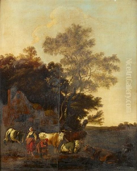 A Milkmaid And A Shepherd Milking Their Herd Before An Open Landscape Oil Painting by Adam de Colonia